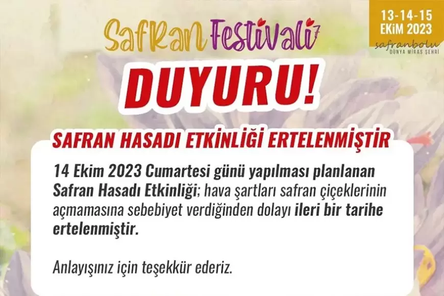 Safran Festivali 'nde Safran Hasadı Etkinliği Ertelendi