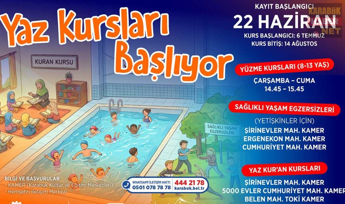KARABÜK’TE YAZ KURSLARI BAŞLADI: KAYITLAR İÇİN ACELE EDİN Karabük Belediyesi, çocuklara ve yetişkinlere yönelik Yaz Kursları için kayıtları