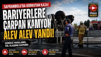 Karabük'ün Safranbolu ilçesinde kontrolden çıkarak bariyerlere çarpan bir kamyon devrildi.